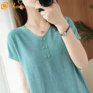 เสื้อแขนสั้นผู้หญิง แบบคล้องคอวี สไตล์เรียบหรู