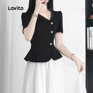 Lovito สง่างาม ปุ่มอสมมาตรด้านหน้าโลหะฤดูร้อนฤดูใบไม้ผลิเสื้อสีดําสําหรับผู้หญิง L135ED194