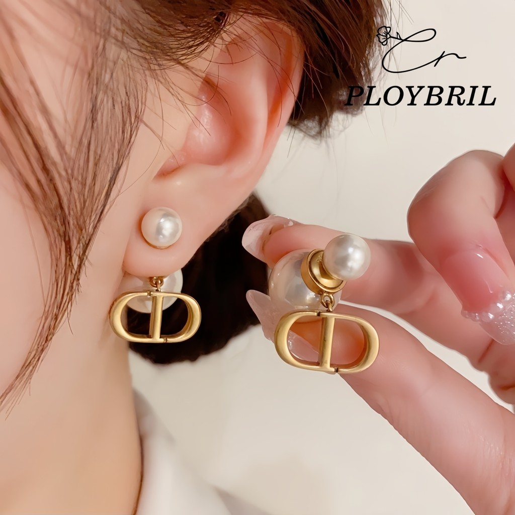 PLOYBRIL ส925 เงินเข็มเกาหลีใต้คู่จดหมายต่างหูมุกด้านหน้าและด้านหลังหญิง E049