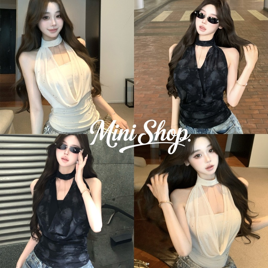 Mini shop🌸พร้อมส่ง🌸(FY5031#1)เสื้อคล้องคอ ดีเทลผ้าซีืรู บางเบา สีครีมดำใส่สบายมาก น่ารักๆ เสื้อ เปิดไหล่ เสื้อแฟชั่น