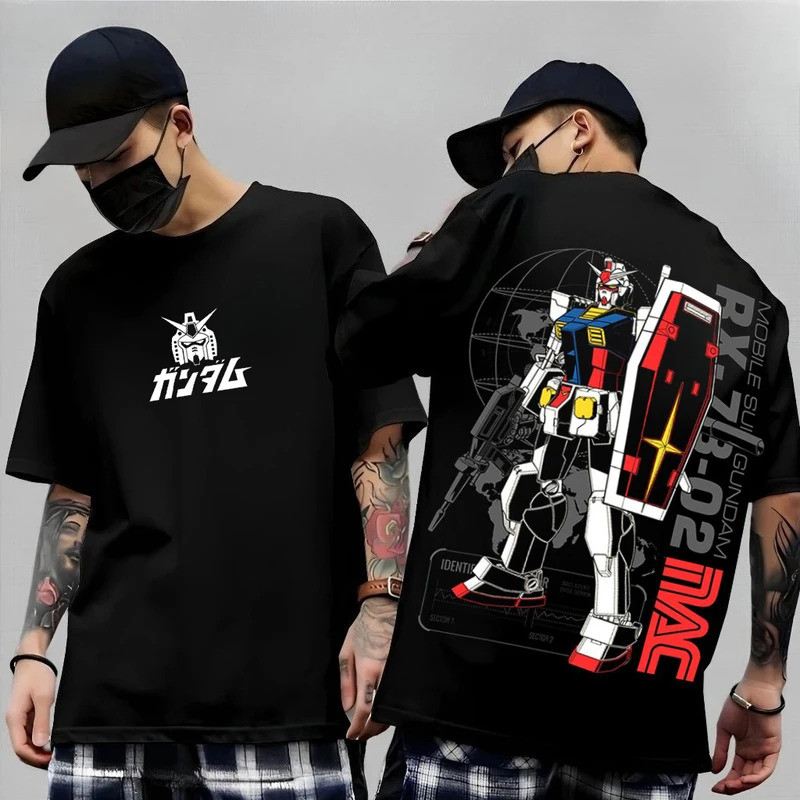 อนิเมะญี่ปุ่น Mobile Suit RX-78-2 Gundam เสื้อยืดแขนสั้นผ้าฝ้ายพิมพ์สำหรับผู้ชายและผู้หญิง Harajuku 