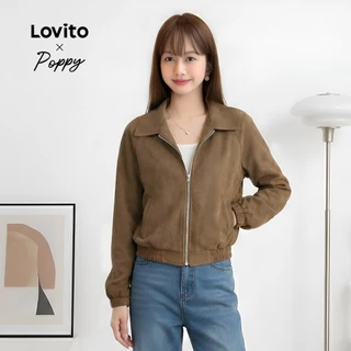 Lovito x Poppy เสื้อแจ็คเก็ตซิปลำลองสีพื้นฤดูใบไม้ร่วง/ฤดูหนาวสำหรับผู้หญิง Lne30129 (สีน้ำตาล)