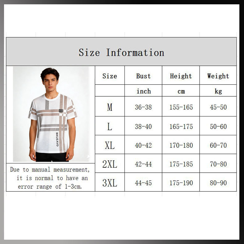 เสื้อยืดผู้ชาย คอกลม แขนสั้น tshirt men ผ้าเย็นสบาย แคสซวอล ลายตาราง ซับเหงื่อ ราคา ถูกที่สุด ดีลบีเคเค แกลเลอรีภาพที่ 3