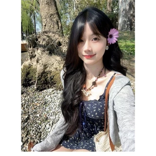 (ส่งจากไทย)วันแม่ชุดเดรสสปาเก็ตตี้สายเดี่ยว สีน้ำเงินลายดอกไม้สั้น+คาร์ดิแกนแขนยาวสีเทาอ่อน หวานๆ ลำลอง เสื้อฮาวาย