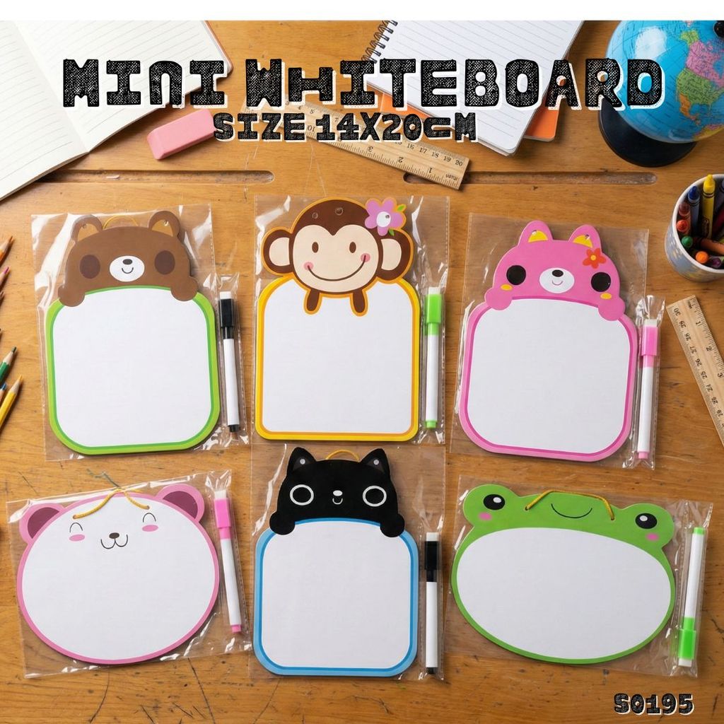 S0195 กระดานไวท์บอร์ด ลายการ์ตูน ขนาด 20ซม. แถมปากกา + เชือกห้อย มินิไวท์บอร์ด น่ารัก