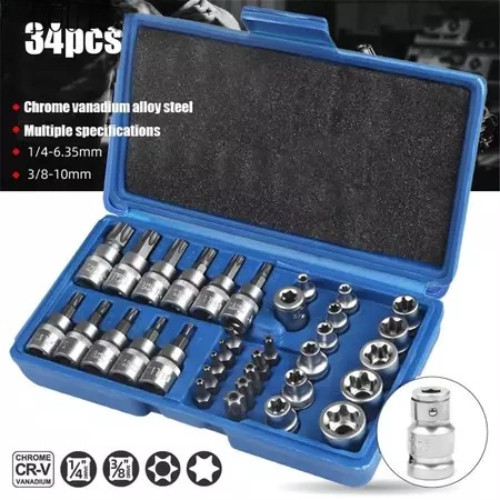 ชุดลูกบล็อก 34 ชิ้น 3/8" รวมลูกบล็อกเดือยโผล่ E + Torx ลูกบล็อกดาว ลูกบล็อกหกเหลี่ยม ลูกบล็อกหัวจีบ เหมาะกับงานช่าง รถยน