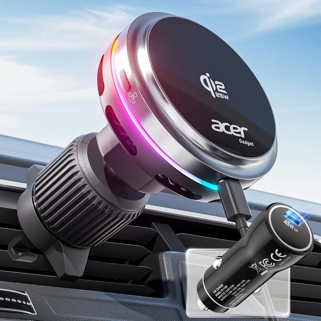 Acer Gadget Qi2.2 25W สําหรับ MagSafe Car Mount Charger, Wireless Car Charger พร้อมพัดลมระบายความร้อ