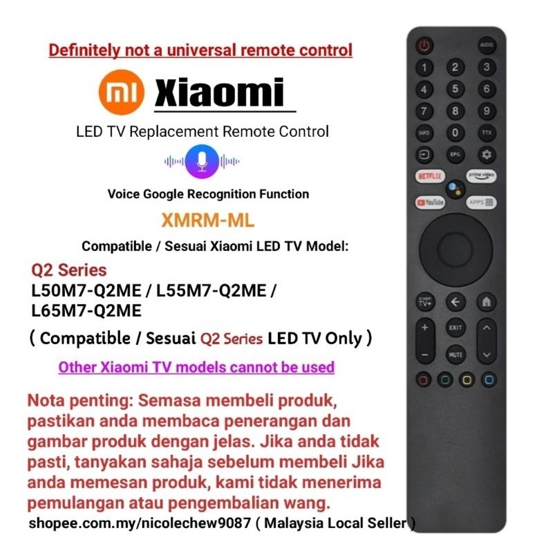 ใช้งานร่วมกับ Xiaomi Q2 Android LED TV เปลี่ยนระยะไกล XMRM-ML Q2 series