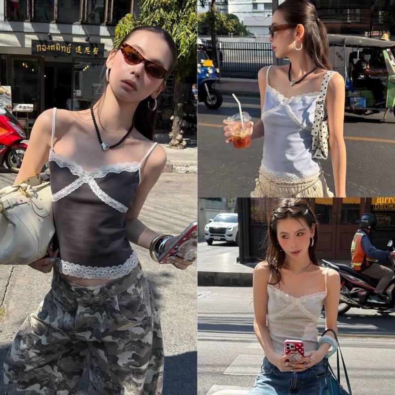 BY0457 เสื้อสายเดี่ยวผ้านุ่มแต่งลูกไม้ทั้งตัว benly co