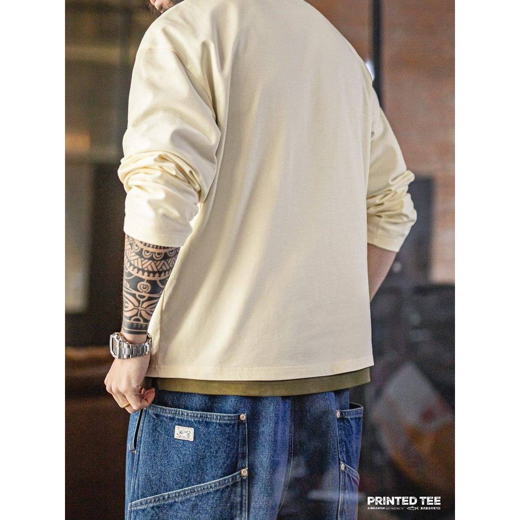 Retro Mens American Print Pocket Long Sleeve T-Shirt 100% Cotton Comfort Crew Neck Base Layer Top Spring — صورة 5
