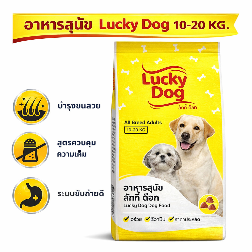 (ยกกระสอบ) อาหารสุนัข Lucky Dog ลักกี้ด็อก 10-20กก. เหมาะสำหรับสุนัขโตทุกสายพันธุ์อายุตั้งเเต่1ปีขึ้นไป