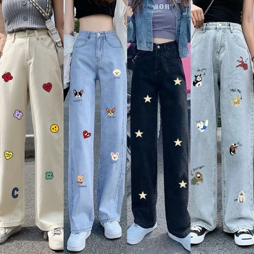 👖 MKL👖กางเกงยีนส์ พิมพ์ลาย ขายาวผ้าไม่ยืด ทรงกระบอก สีไม่เฟค เอวสูง ทรงสวย แนววินเทจ #8006-JS