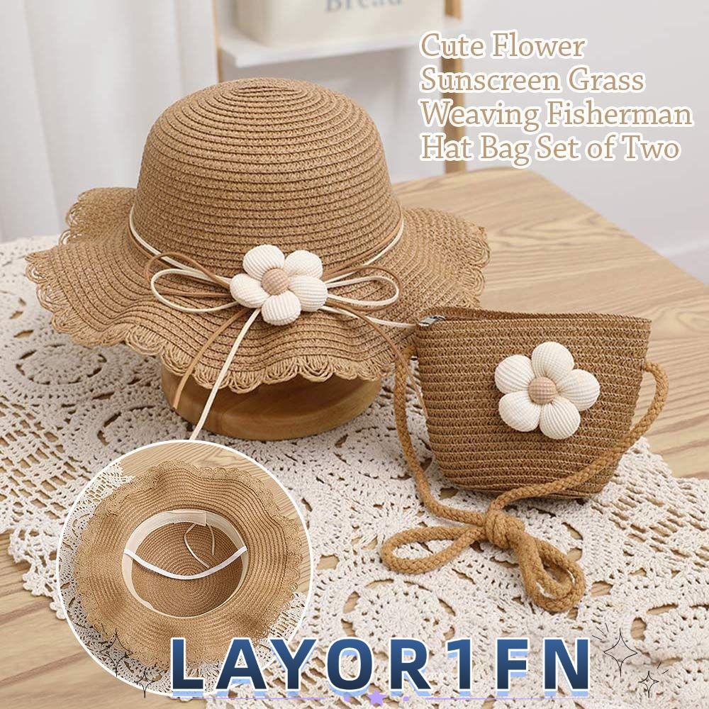 LAYOR1FN หมวกกันแดด, UV Protection ฤดูใบไม้ผลิฤดูร้อนเด็กหมวกฟางกระเป๋า, Holiday Travel Big Brim Bre