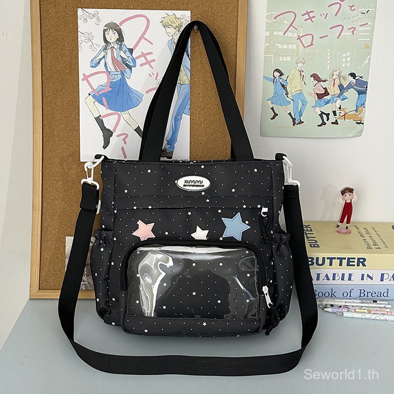 กระเป๋า.Crossbody.สำหรับผู้หญิง ทำจากไนลอนน้ำหนักเบาที่มีความจุมาก สไตล์ญี่ปุ่น INS อเนกประสงค์ มีฝาครอบแบบโปร่งใสลายดาว เป็นของขวัญที่เหมาะสม