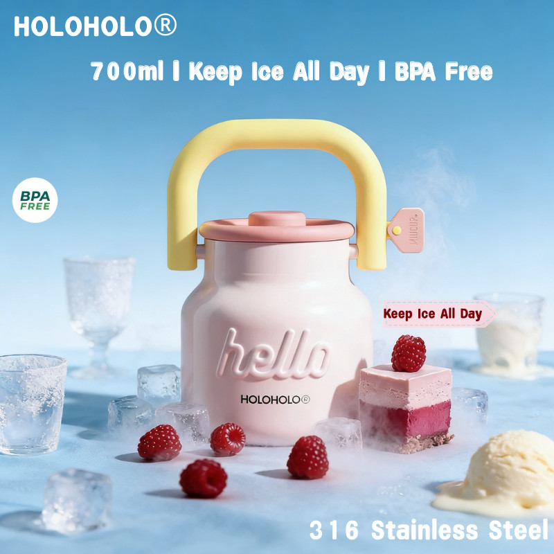 【LUCKY】HOLOHOLO ถ้วยเก็บความร้อนความจุขนาดใหญ่ 316 ขวดน้ําฟางสแตนเลสพร้อมที่จับสาวน่ารักปิดผนึกป้องกันการรั่ว 700ML