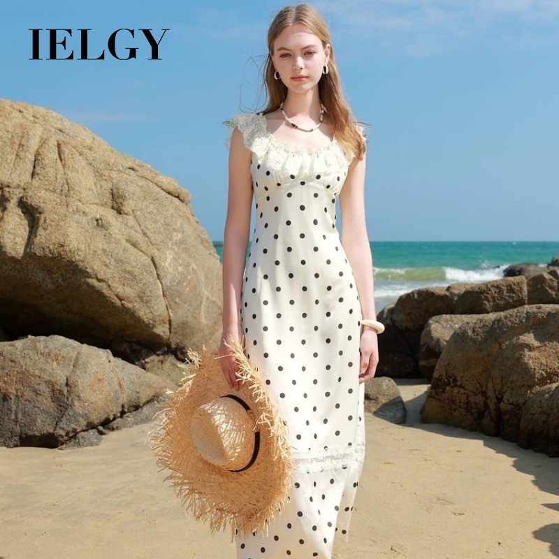 IELGY ชุดแซลมอนแขนยาวลายจุดโพลกะ.Dot แบบสายเดียวนุ่มๆ เน้นความเพรียว สไตล์คลาสสิกสำหรับฤดูร้อน