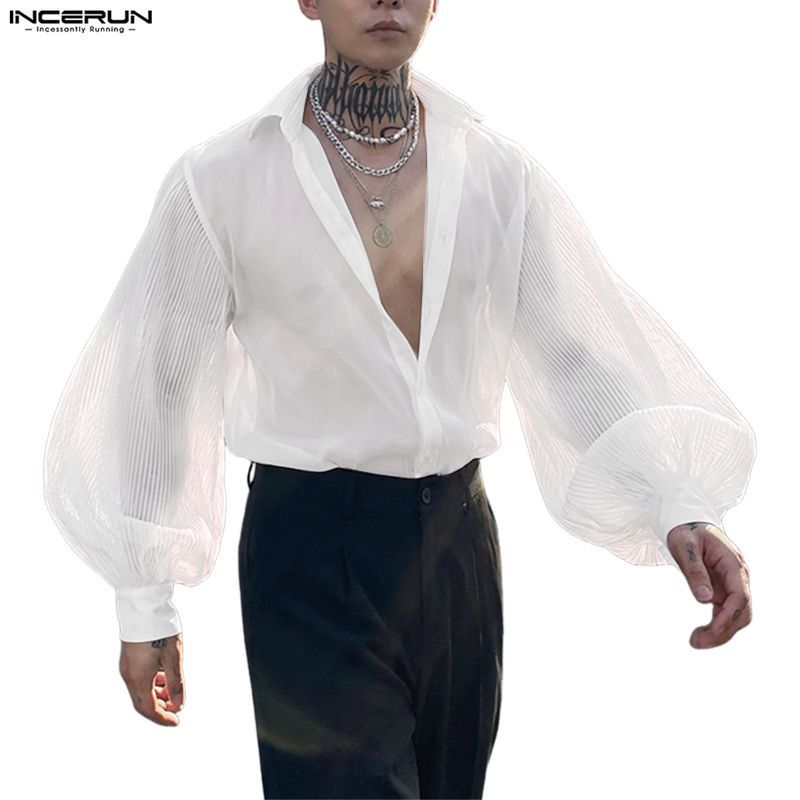 เสื้อเชิ้ตแขนยาว INCERUN ลายกราฟิกสองด้าน สำหรับผู้ชาย