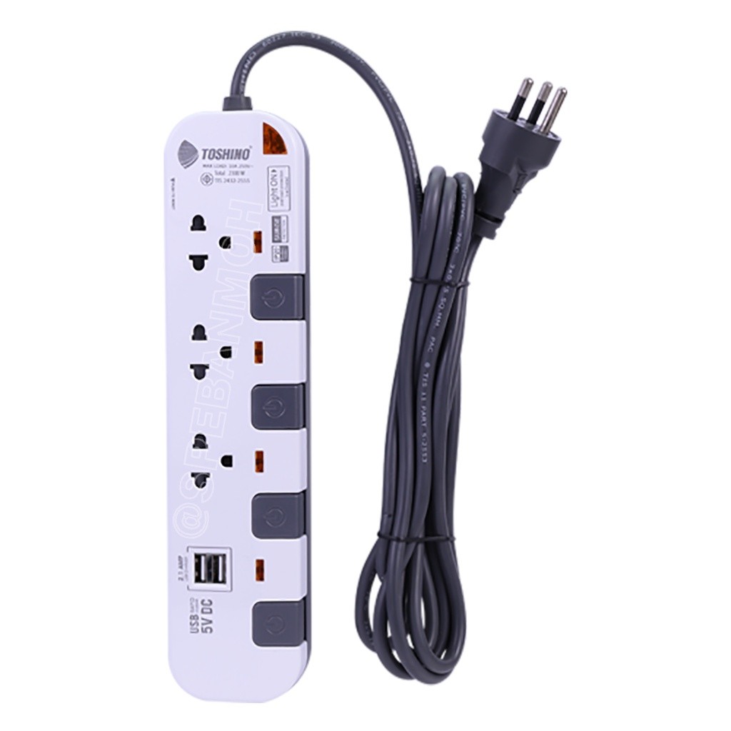P3375USB-3M ปลั๊กพ่วง Toshino รางปลั๊กไฟ P Series รุ่น P3375USB สายยาว 3 เมตร 3ช่อง 2USB 2.1A 4สวิตซ