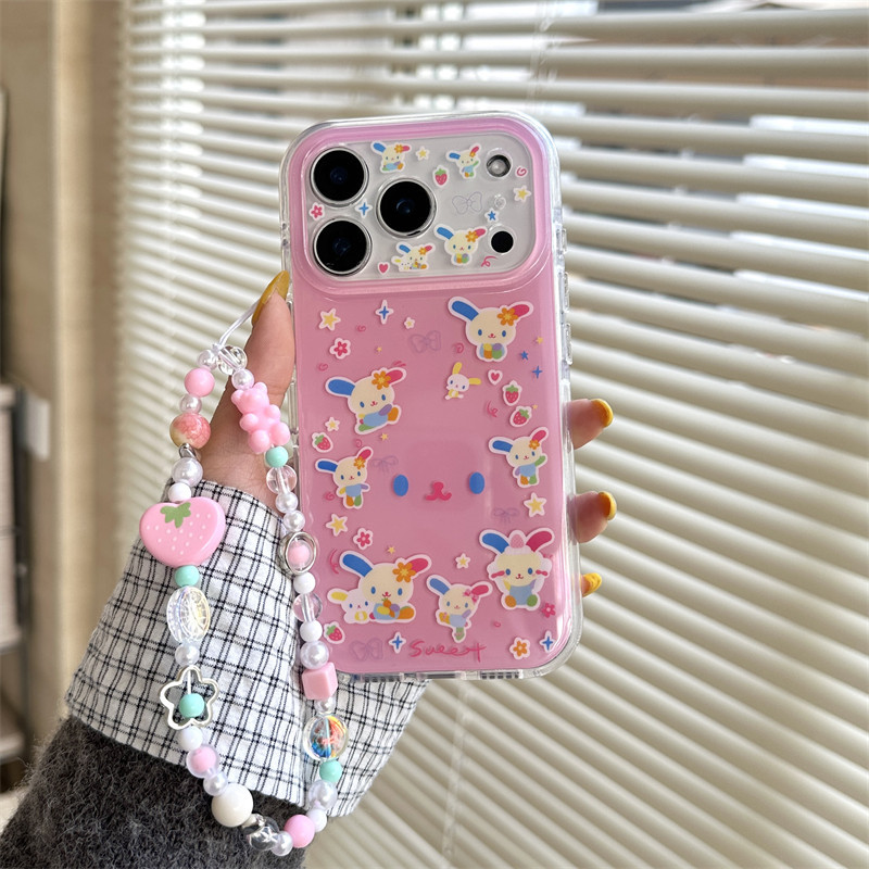 สําหรับiPhone 17 15 16 pro MaxกรณีInsน่ารักสาวหัวใจสตรอเบอร์รี่สีชมพูสร้อยข้อมือกระต่าย17Promax iPho