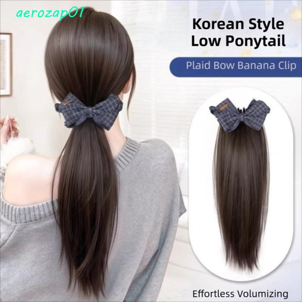 AEROZAP กล้วย Claw คลิปวิกผมหางม้า, Elegant สังเคราะห์ Bowknot Pony Tail Hair ชิ้น, ทนความร้อนด้วยคลิปคว้าต่อผมธรรมชาติยาวหยักชั้นผมหางม้าสําหรับผู้หญิง