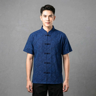 BM-250 (ชาย) เสื้อหม้อห้อม คอจีน กระดุมตรง แขนตรง ผ้ากัดลาย …
