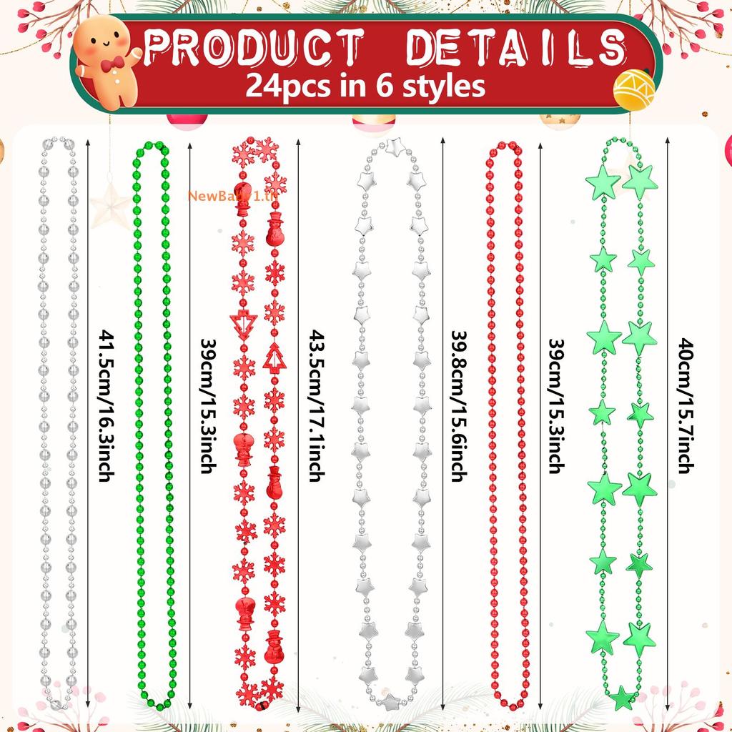 BABYONE 24 ชิ้นคริสต์มาส Nelaces เครื่องประดับคริสต์มาสจํานวนมากโลหะสีแดงสีขาวสีเขียวเงินลูกปัด Nela