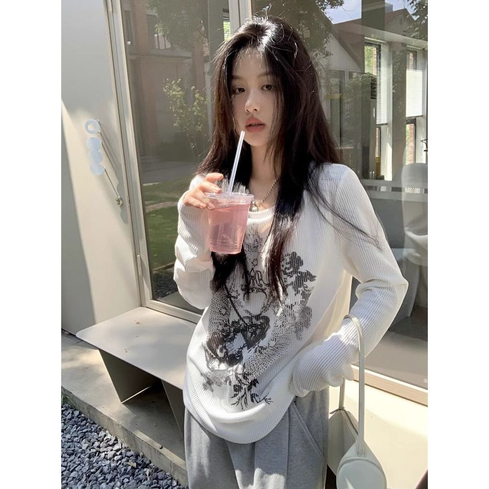 หลวมฤดูใบไม้ผลิฤดูใบไม้ร่วงดู t ผู้หญิงสบายๆอเมริกันพิมพ์ ins ขี้เกียจเสื้อ Fu บาง Bottoming แขนยาว 