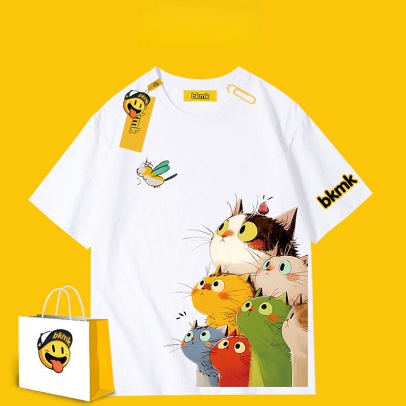 เสื้อยืดแขนสั้นสีขาวพิมพ์ลายแมวสไตล์อเมริกันสตรีทการ์ตูนแมวหลวมเสื้อยืดแฟชั่น
