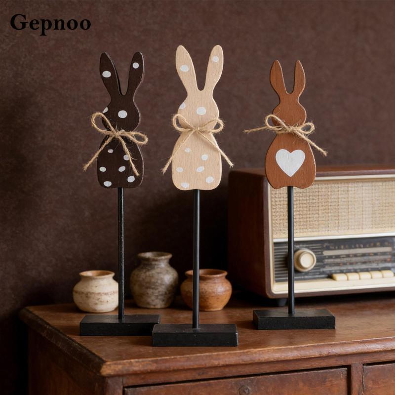 [Gepnoo] กระต่ายน่ารักป้ายไม้ Creative Easter Tabletop Centerpiece Tiered ถาดของขวัญสําหรับตกแต่งชั้นวางของในร่ม