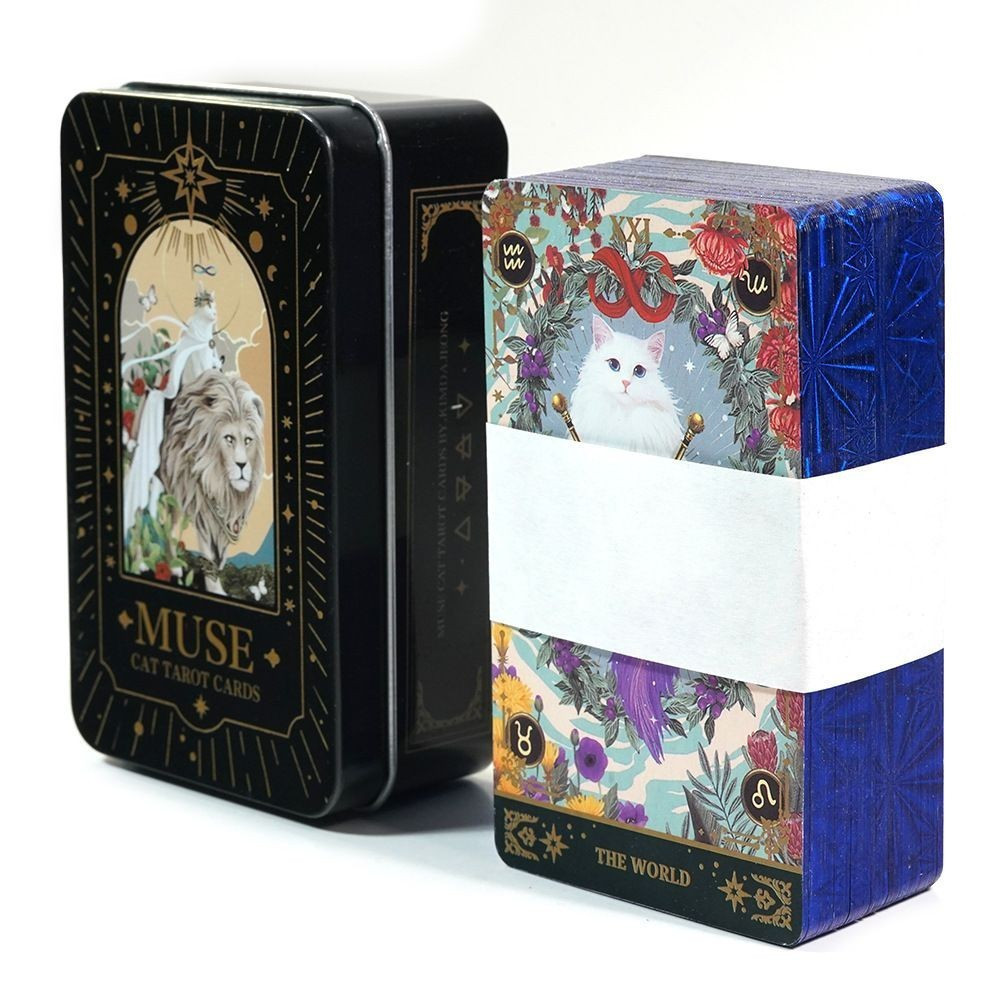 10.3 * 6 ซม.MUSE Cat Tarot การ์ดภาษาอังกฤษสีฟ้าสี Gold Gilding Edge กล่องเหล็ก Muse Cat T * rot Party Leisure เกม