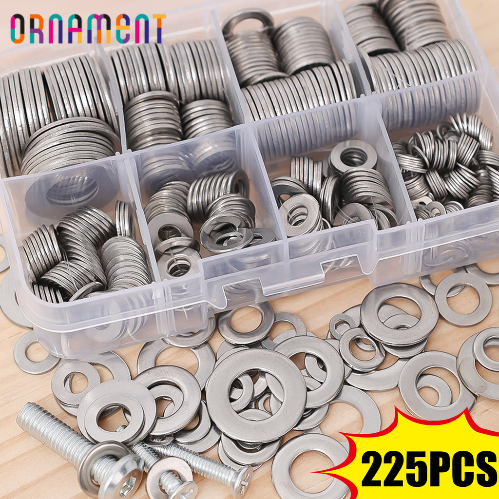 [H&L]เครื่องซักผ้าสแตนเลส เกรด 304 | M2-M10 Assorted Sizes Kit (225 ชิ้น), ฮาร์ดแวร์ทรงกลมสีเงินสําห