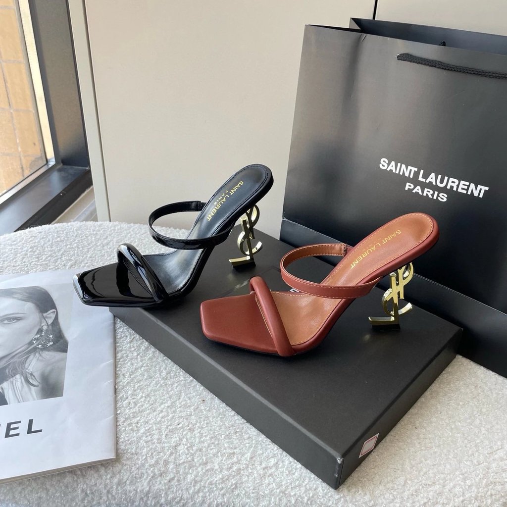 Ysl Letter รองเท้าแตะฤดูร้อน Square Celebrity Retro Flip-Flops รองเท้าแตะหนังแท้ 100 รองเท้าส้นสูงรอ