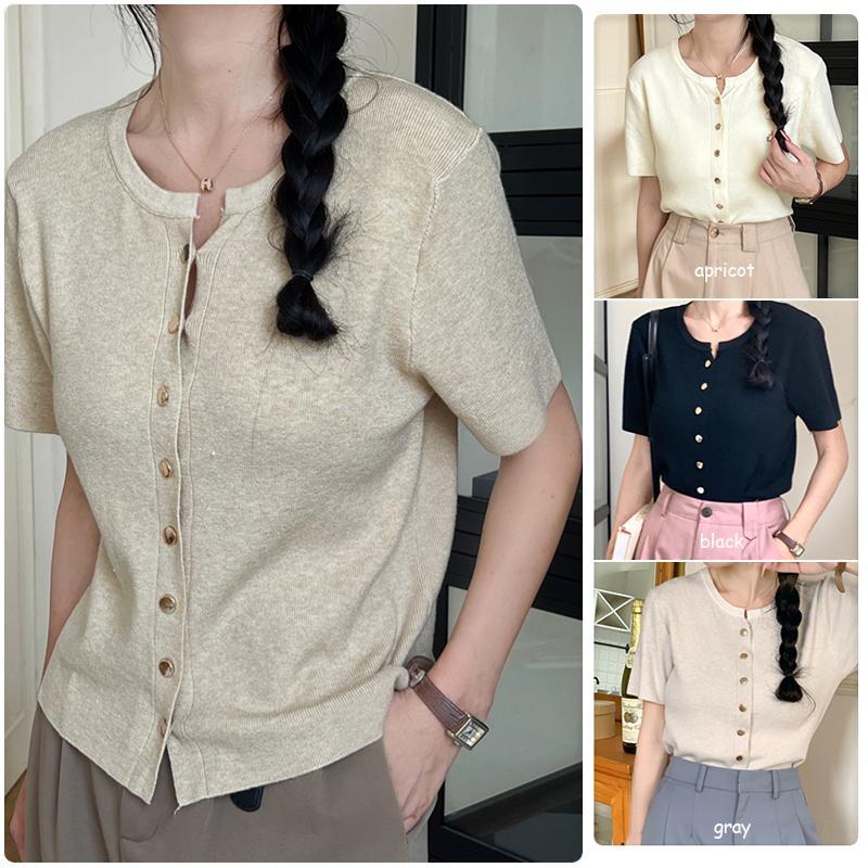 เสื้อคาร์ดิแกนถักแขนสั้น กระดุมทองสีพึ้น แมตช์ง่าย ผ้านุ่มไม่ร้อนใส่สบาย เกาหลี-พร้อมส่งจากไทย-รุ่น88008