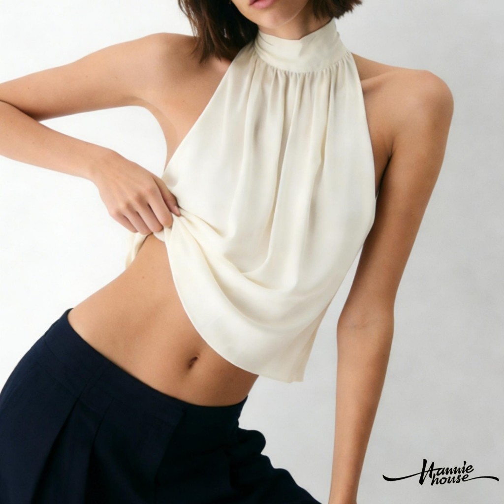 HANIE House - เสื้อสายเดี่ยวคอลอยสีทึบสำหรับผู้หญิง