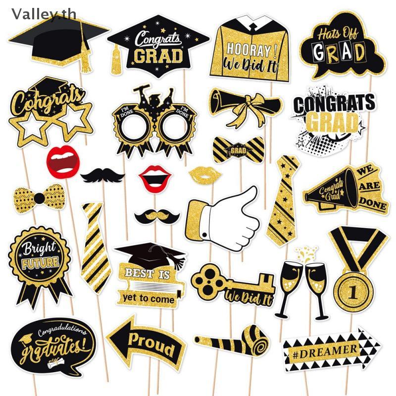 [Valley] 28 ชิ้น Graduation Photo Booth Props ชุด, DIY ตกแต่งการถ่ายภาพสําเร็จการศึกษา Party Pose ป้