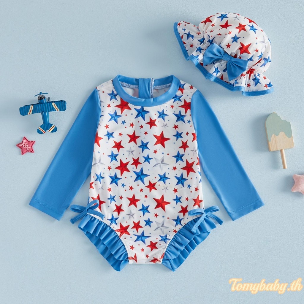 ชุดว่ายน้ำสาวน้อย Star พิมพ์ลูกเรือ คอแขนยาว Rash Guard พร้อมหมวกกันแดด