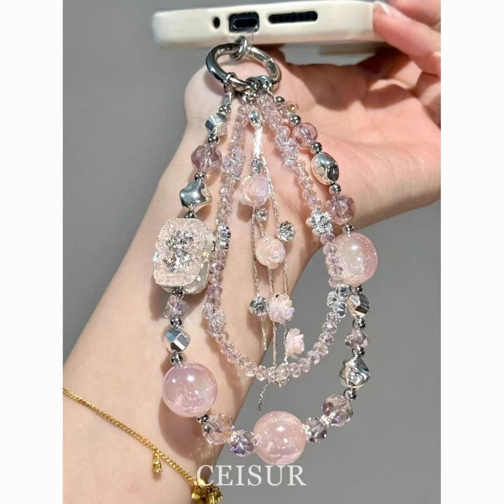 [Lucky Rose] สีชมพูลูกปัด Rose พู่กระเป๋าสตางค์คู่โซ่โทรศัพท์มือถือที่ไม่ซ้ํากัน High-End จี้กระเป๋าจี้