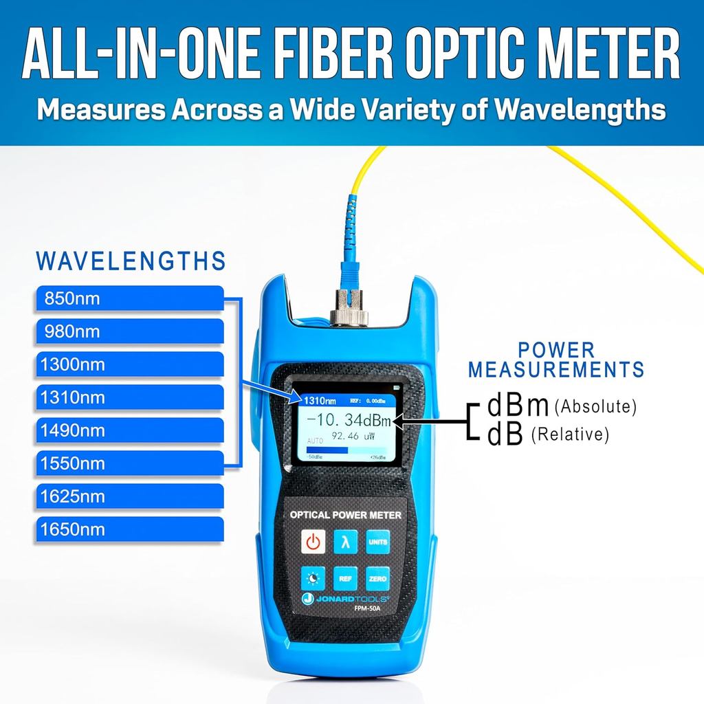 Jonard Tools FPM-50A เครื่องวัดไฟเบอร์ออปติกความแม่นยําสูง (-50 ถึง + 26 dBm) พร้อมอะแดปเตอร์ FC/SC/
