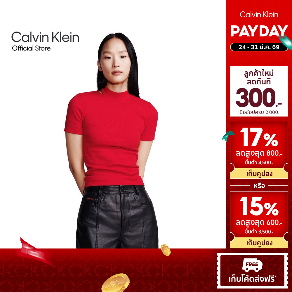 CALVIN KLEIN เสื้อยืดแขนสั้นผู้หญิง ทรง Slim  รุ่น 40428WF XAT - สีแดง