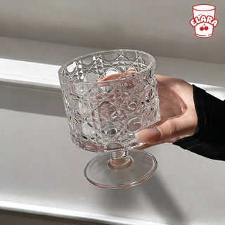 แก้วขนมสไตล์วินเทจ 300ml แก้วใสมีฐาน แก้วของหวาน/ไอศกรีม/เครื่องดื่ม ดีไซน์ลายคริสตัล ถ้วยแก้วคาเฟ่ มินิมอล
