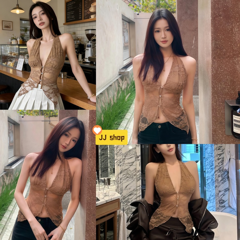 JJ Shop​ พร้อมส่ง เสื้อสายเดี่ยวคล้องคอผู้หญิงผ้าลูกไม้ติดกระดุมแขนกุด เข้ารูปดูผอม-FY1183