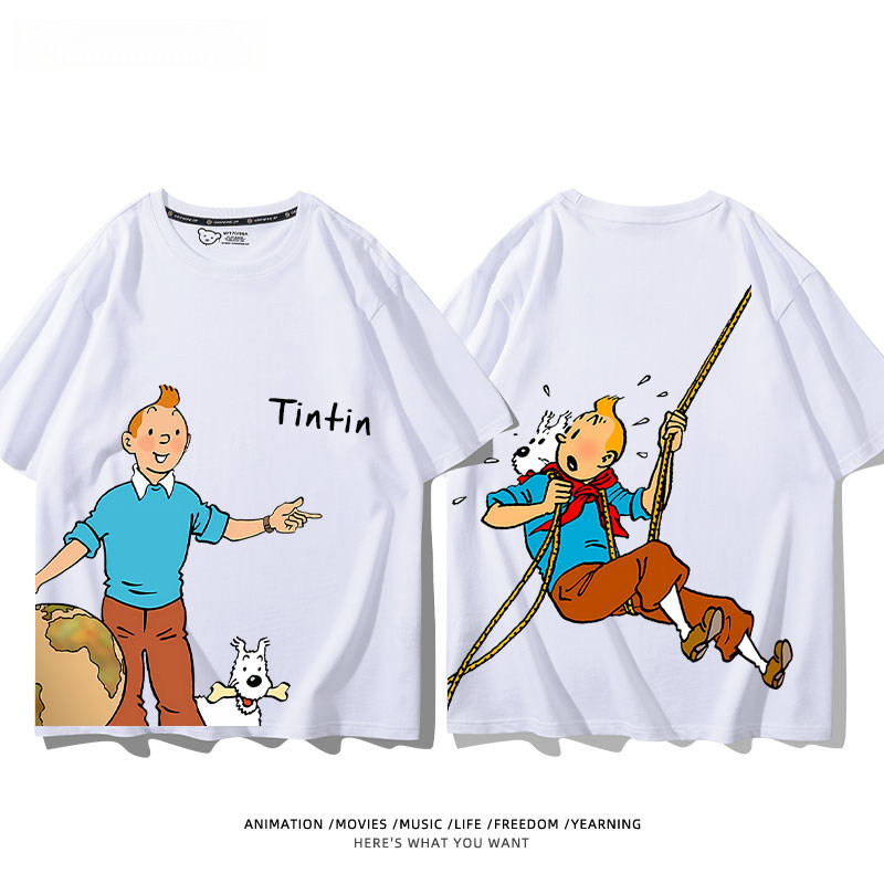 เสื้อยืดแขนสั้นสีขาบตินติน สไตล์ญี่ปุ่น พริ้นต์อนิเมะ ทรงหลวม