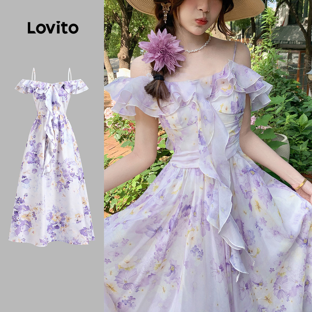 (โบโฮ) Lovito ชุดเดรสซิประบายแขนยาวฤดูใบไม้ผลิ/ฤดูร้อน สีม่วง สำหรับสุภาพสตรี L149LD597