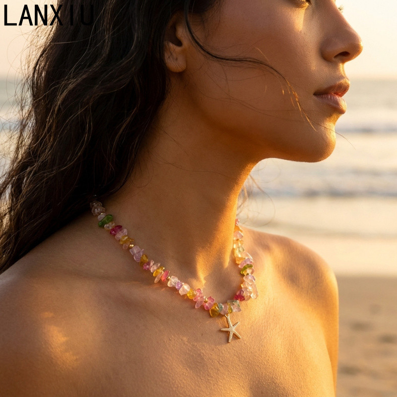 LANXIU ธรรมชาติสีหินบดปลาดาวเปลือกลูกปัด Choker สร้อยคอชายหาดโบฮีเมียน Dopamine เครื่องประดับ