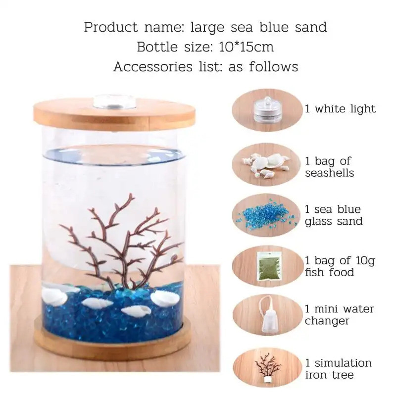 SGTABLE TOP FISH TANK ROUND SHAPED FISH TANK MINI BETTA GUPPY พร้อมไฟ LED และฉาก