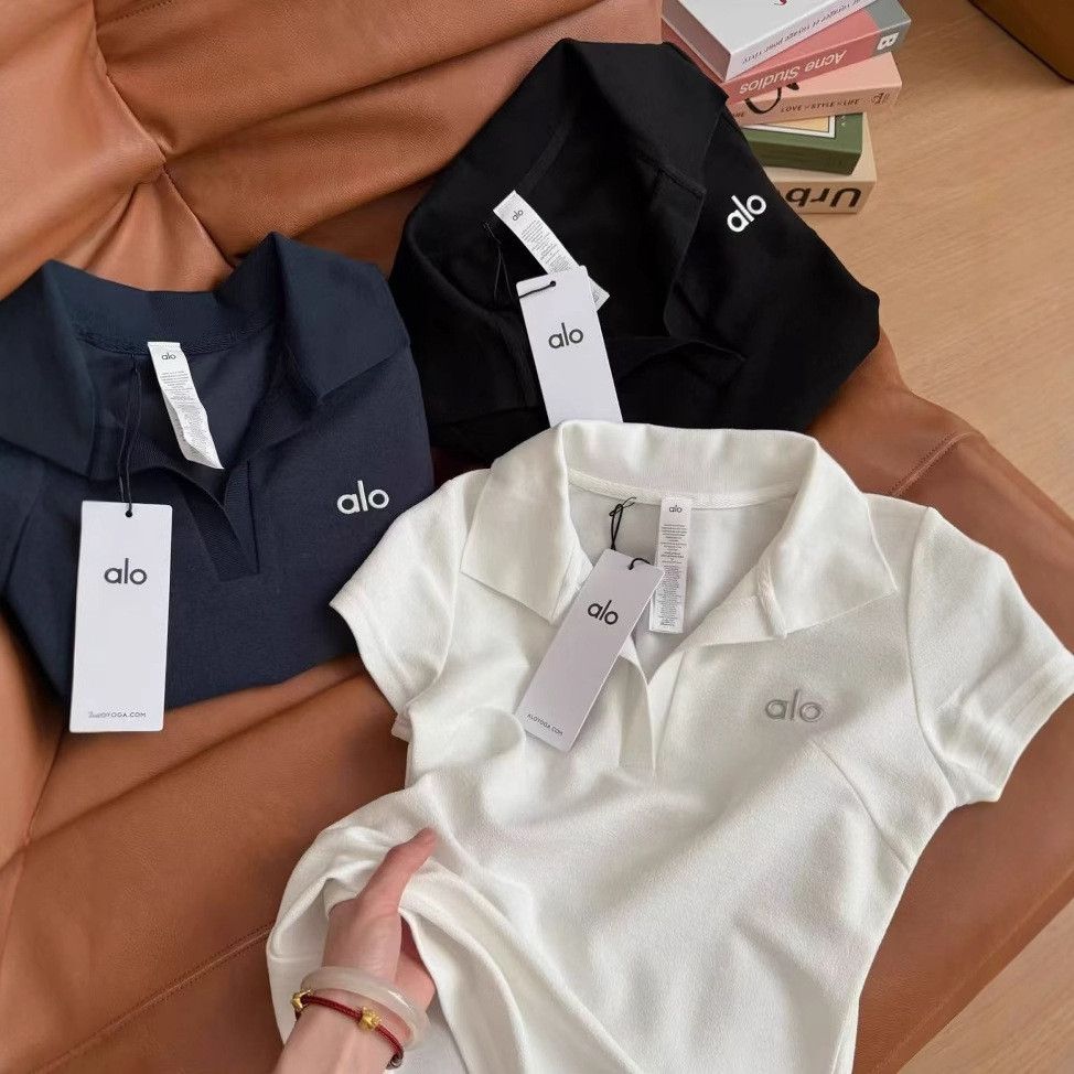 Alo2025 สไตล์ใหม่เสื้อโปโลแขนสั้นเสื้อยืดผู้หญิงของแท้ไหล่ Slim-Fit Slimmer ดูสีทึบด้านบนรู้สึกฤดูร้อน