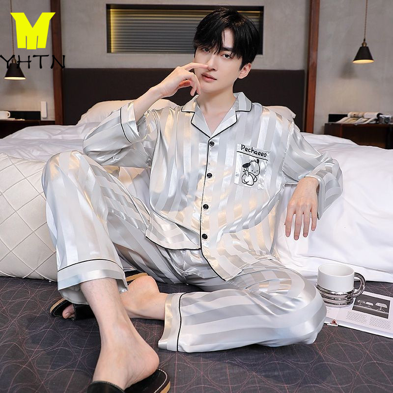 YHTN ชุดนอนผู้ชายแขนยาว แบบใหม่ จากผ้าไหมน้ำแข็ง ระดับไฮเอนด์ สบายเมื่อพักผ่อนในบ้าน ชุดนอนชาย