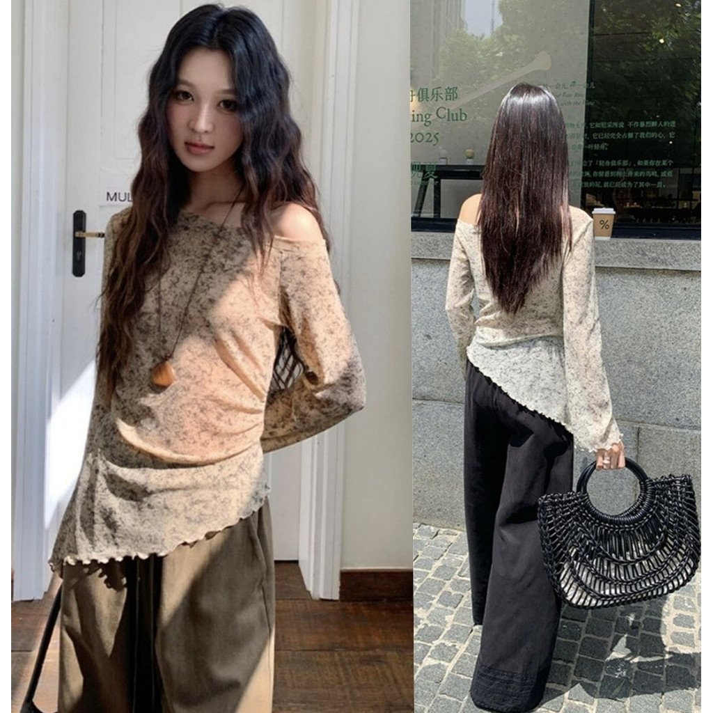 เสื้อยืดมิ้มไม่สม่ำเสมอสำหรับผู้หญิงต้นฤดูใบไม้ร่วงใหม่พิมพ์เสื้อแขนยาวบางเฉียบ