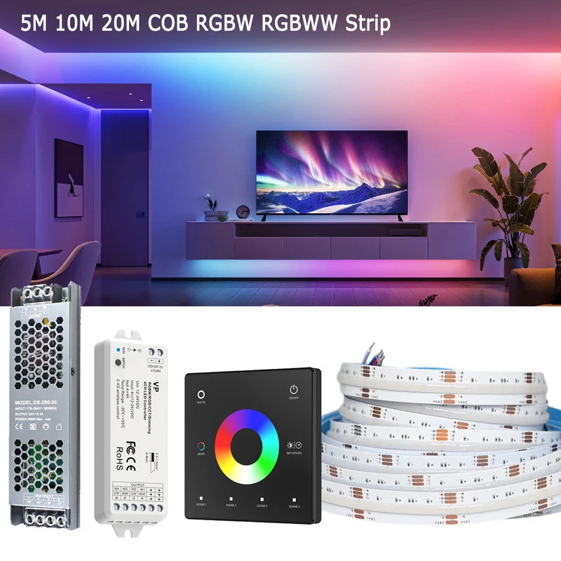 5M 10M 20M COB RGBW RGBWW LED Strip ชุด 24V ยืดหยุ่นเปลี่ยนสี Dimmable Room Liner Light Decor 2.4G R