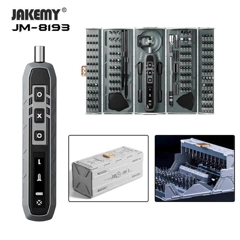 JAKEMY JM-8193 180 in 1 ไขควงไฟฟ้าชุดกล่องเครื่องมือขนาดเล็ก LED Torx Hex Screw Driver bit